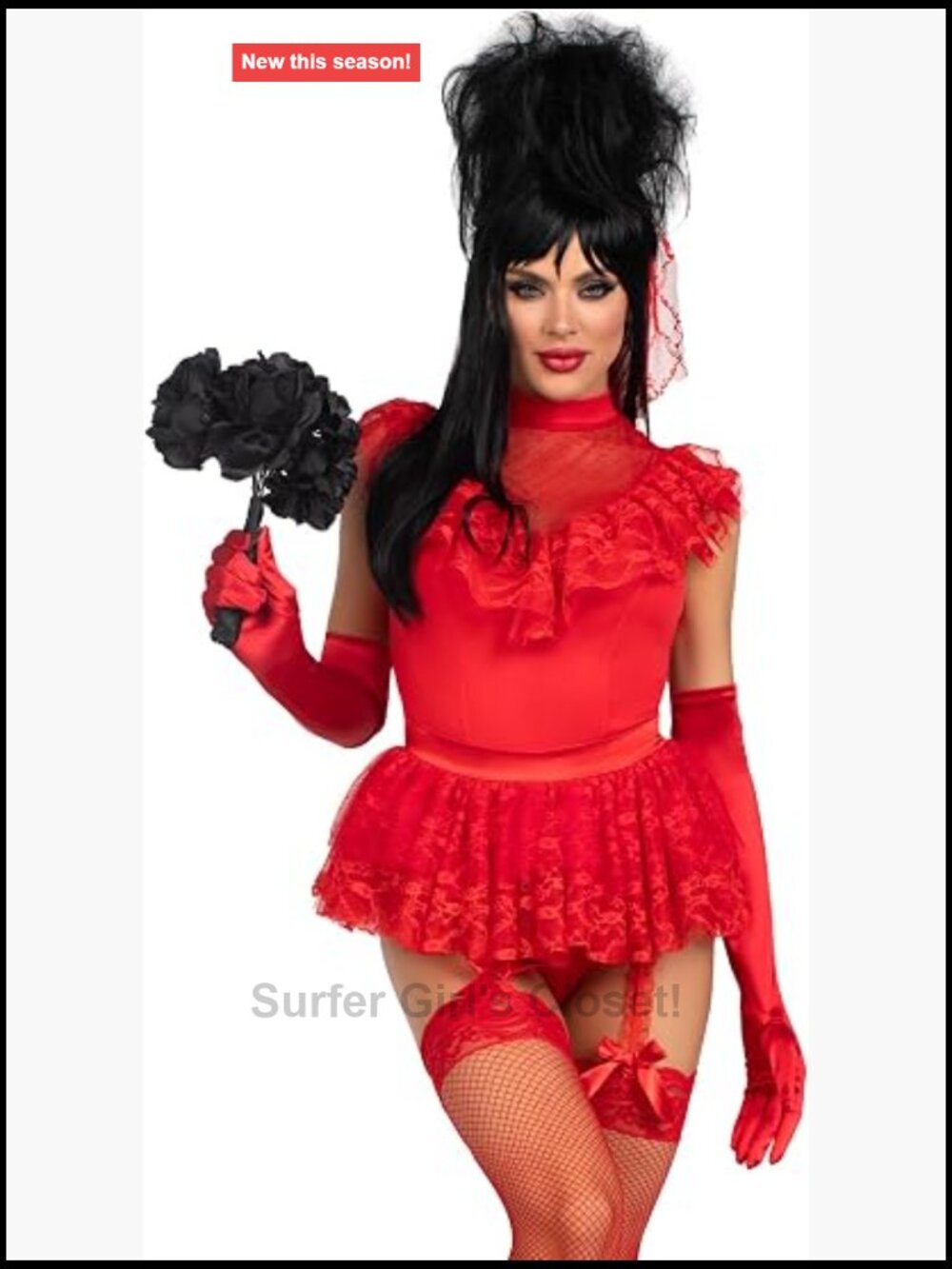 Lace Ruffle Garter Bodysuit Costume with Pin-On Bustle Bow & Veil